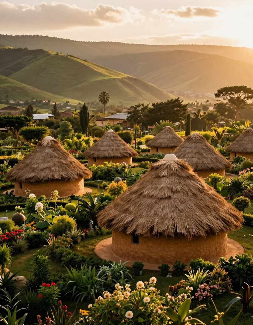 Thatched huts in a lush green hillside village at sunrise with rolling mountains in the background