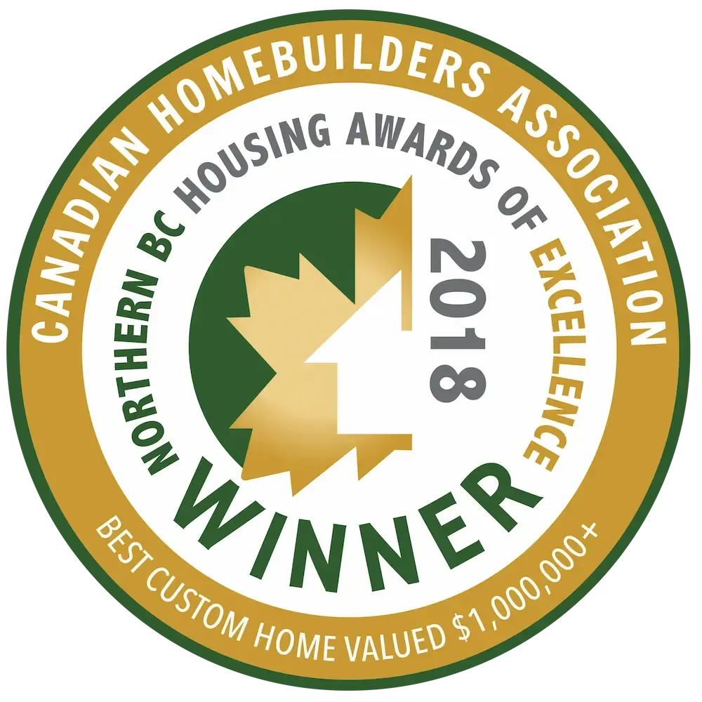 Canadian Homebuilders Association Northern BC Housing Awards of Excellence 2018 winner badge, green and gold seal.