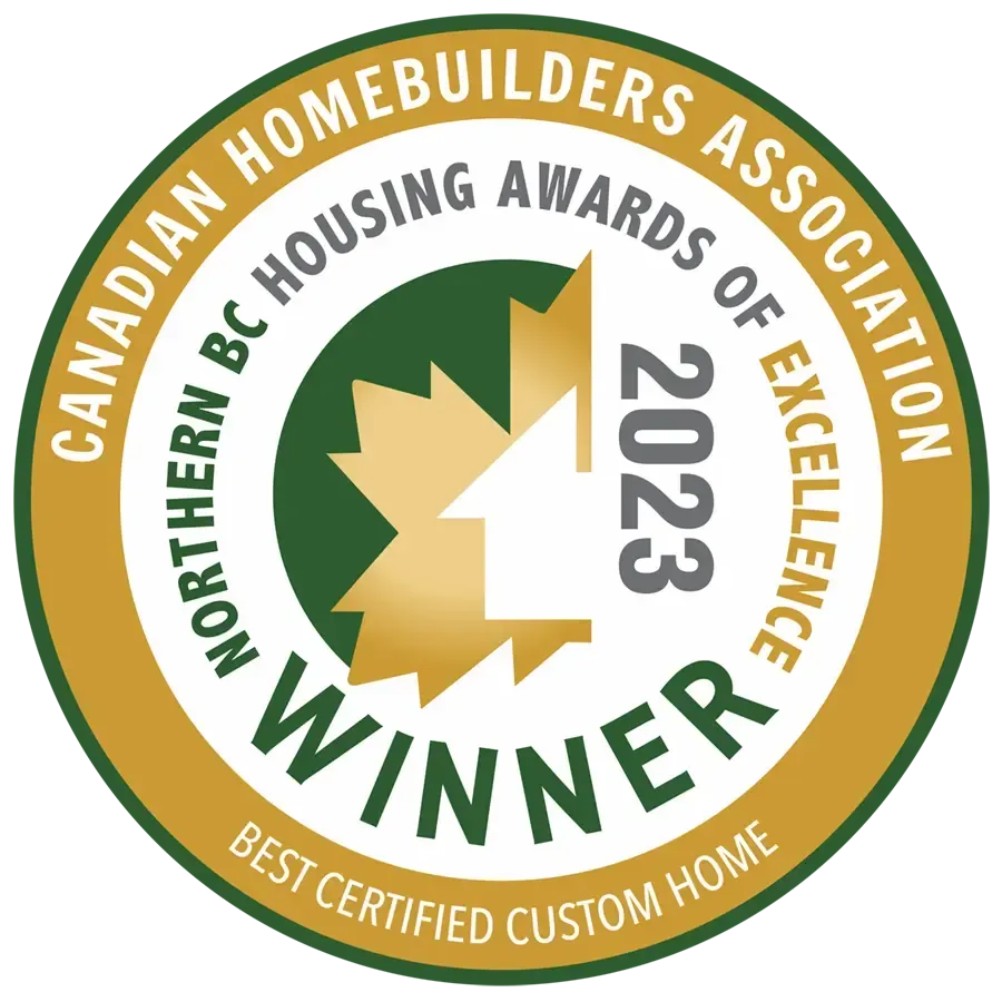 2023 Canadian Homebuilders Association Northern BC Housing Awards of Excellence winner badge, gold and green seal