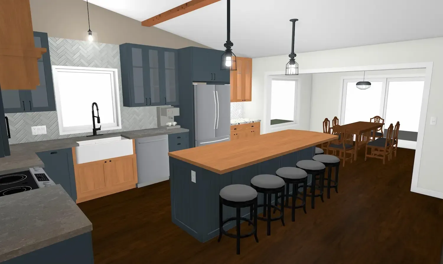 Modern kitchen with gray cabinets, wooden island, stools, and dining area with large windows