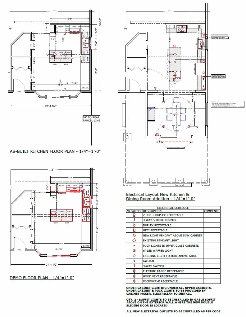 Architectural floor plan sheet with multiple room layouts and a notes table