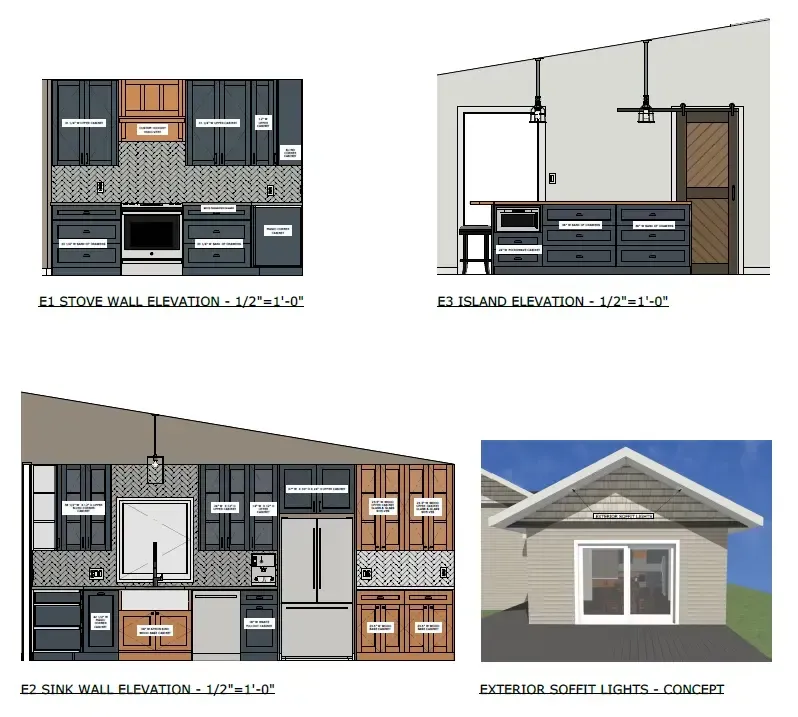 Kitchen cabinet elevation drawings in dark gray, white, and wood finishes, with a small exterior house view