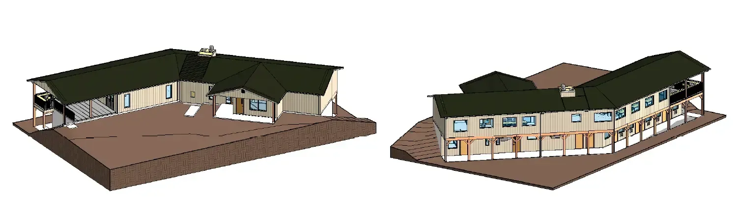 3D rendering of a wooden pavilion building with a dark green roof, shown from two angles