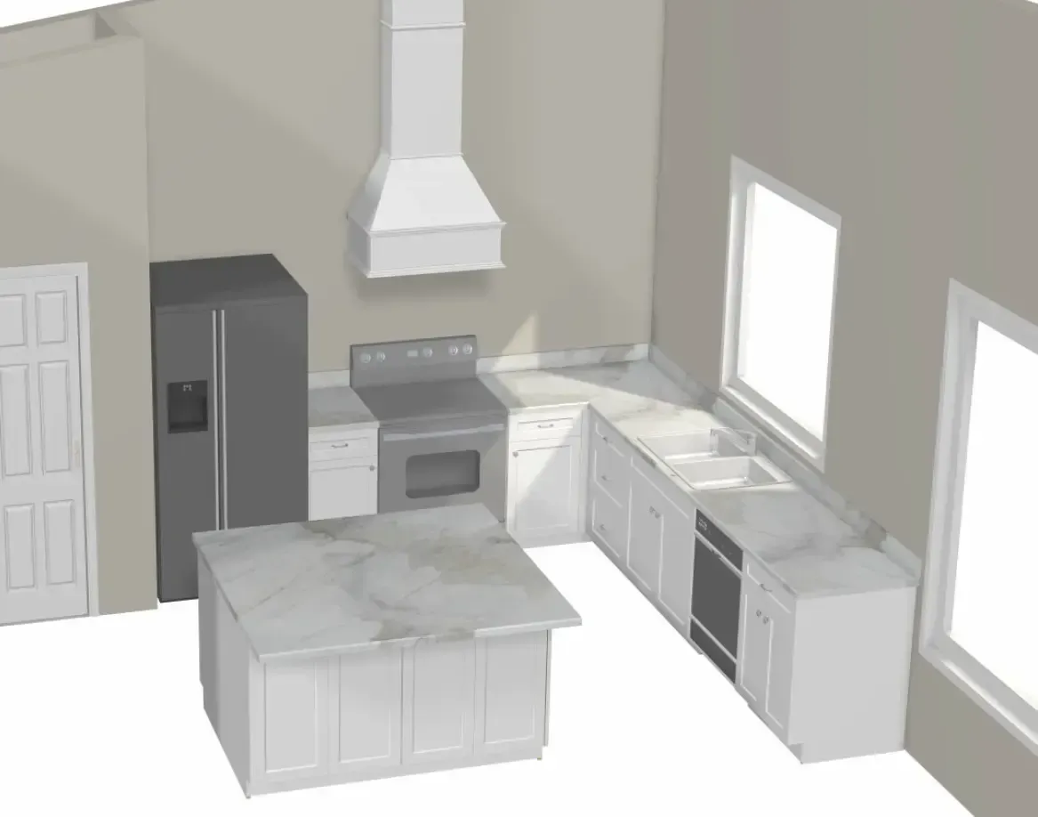 3D kitchen rendering with white cabinets, gray island, stainless fridge, stove, and bright windows