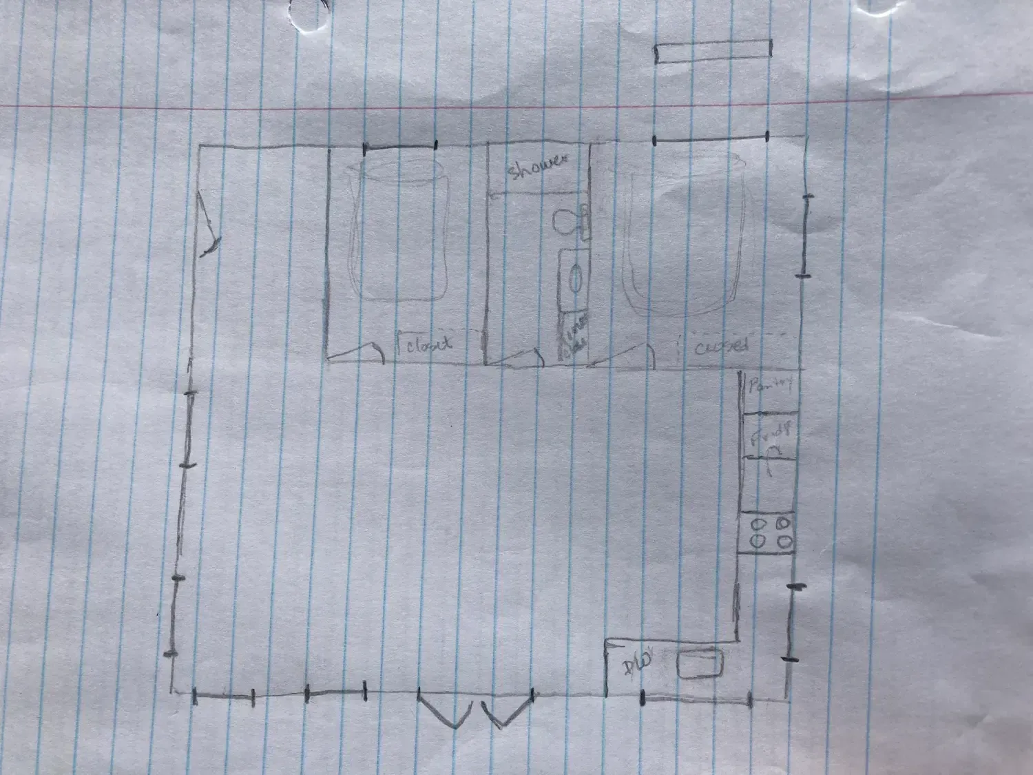 Hand-drawn room floor plan on lined paper with measurements and door openings.