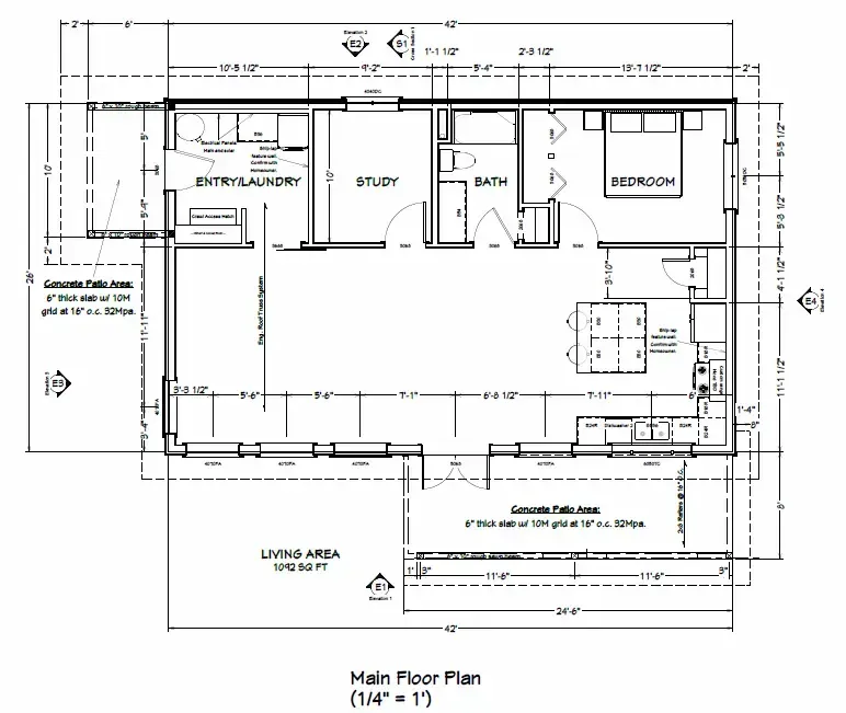 Architectural floor plan of a main floor layout with labeled rooms and dimensions