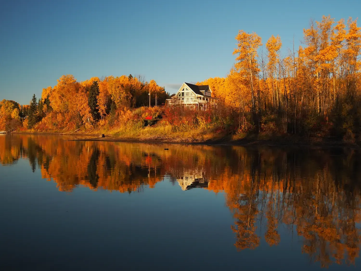 Autumn trees and a white house reflected in a calm lake at sunset