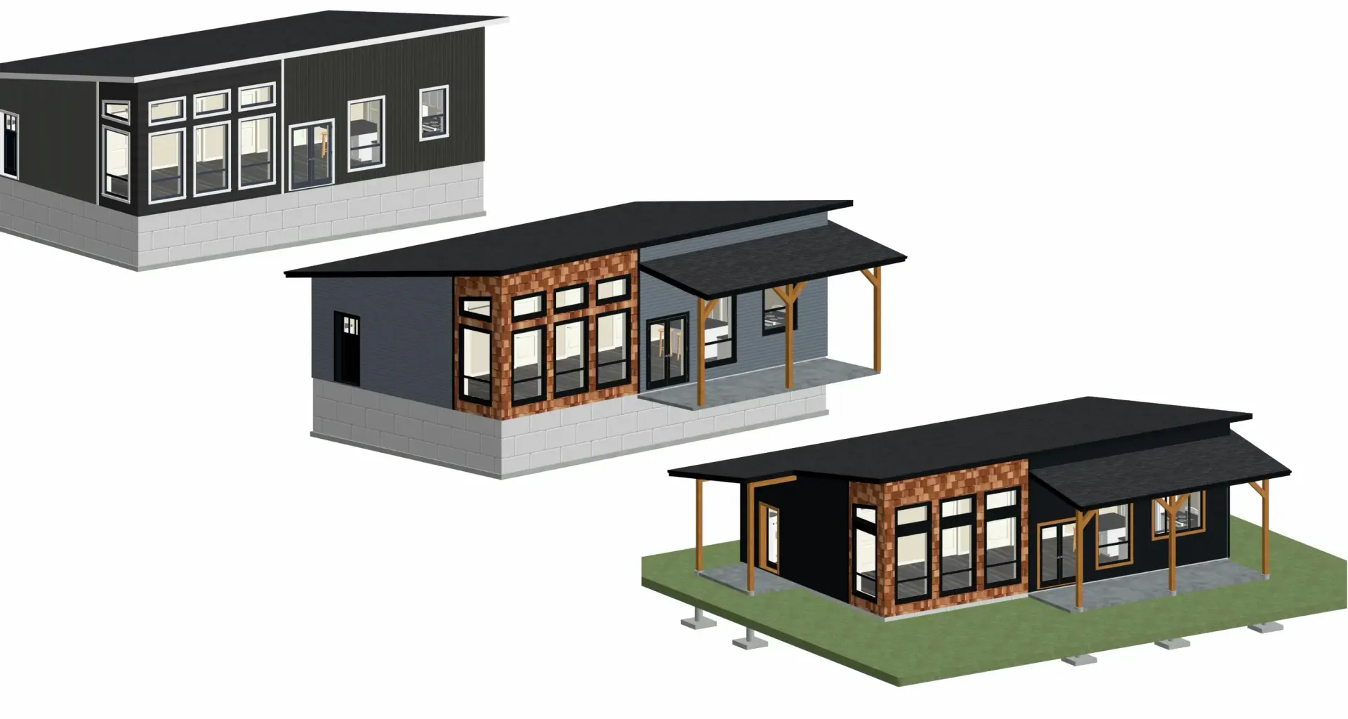 Three small modern building renderings, showing exterior views in dark gray with wood accents and porch roofs.