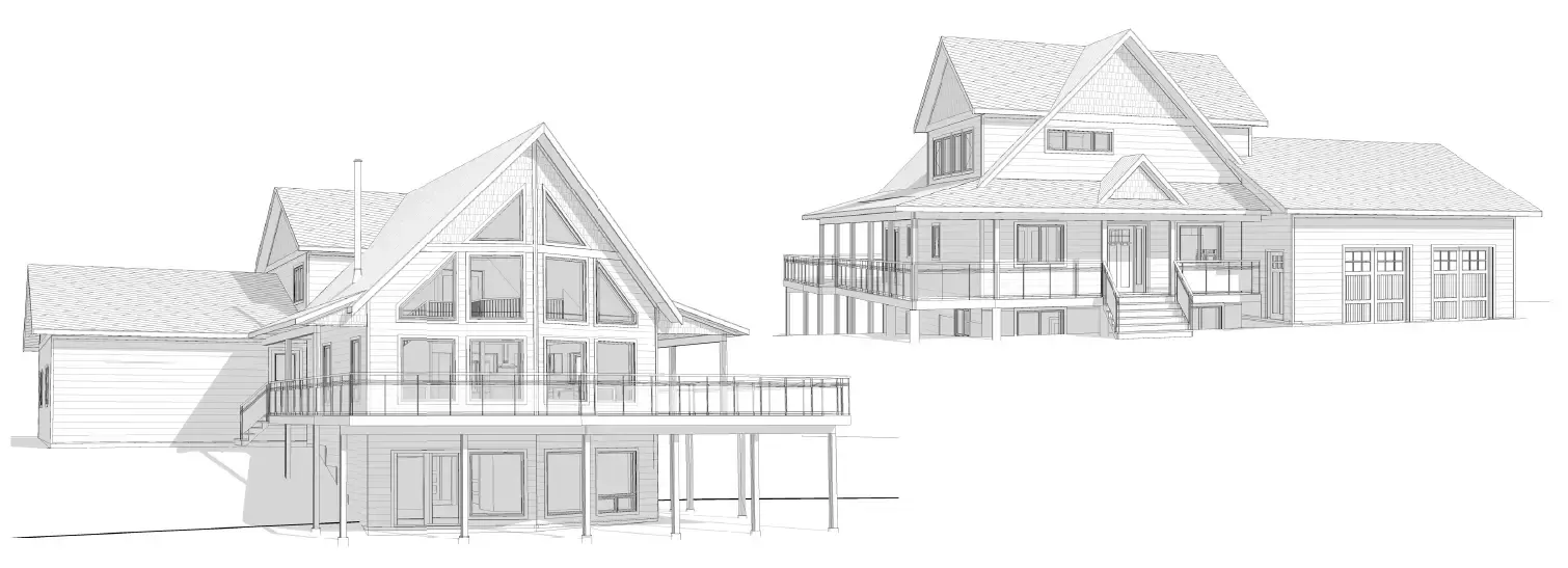 Architectural sketches of three modern houses in pencil on white paper