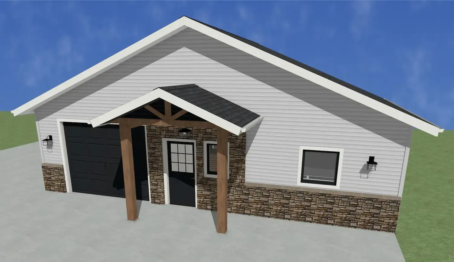 Small modern house with gray siding, stone base, and a covered front porch.
