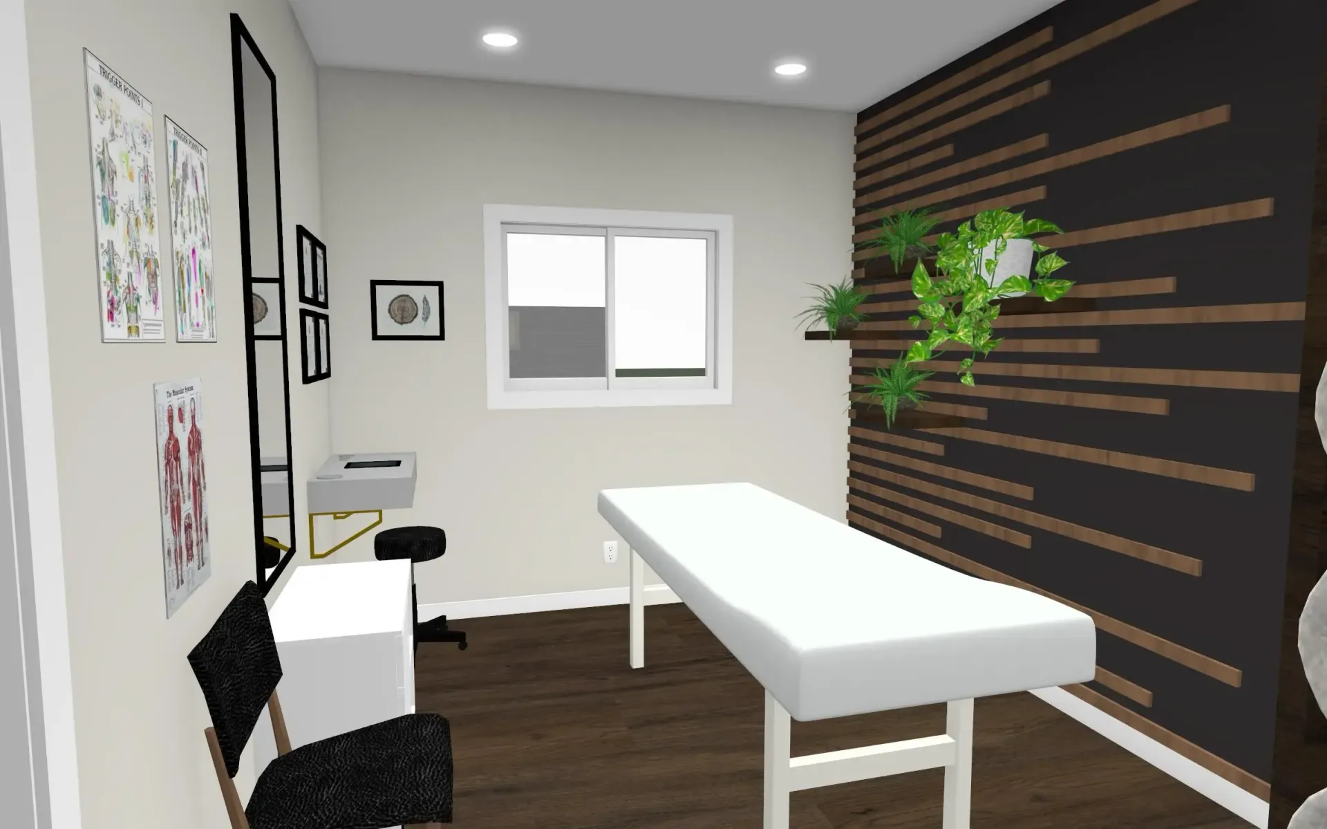 Modern treatment room with white exam table, wall shelves, plant, and dark wood flooring