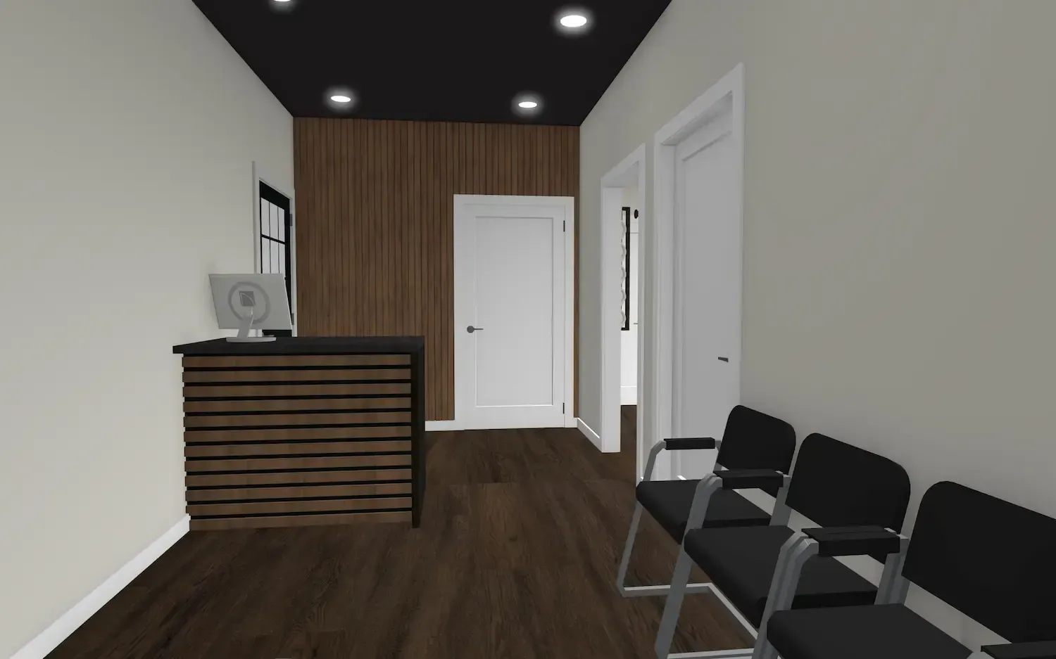 Modern waiting room or office lobby with black chairs, wood reception desk, and white hallway doors