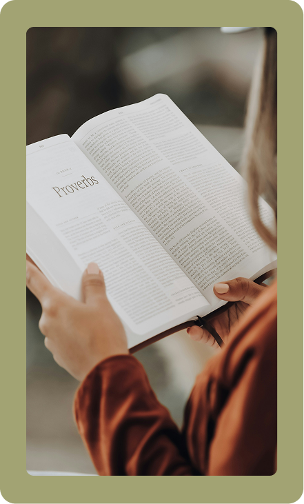 Person holding an open book and reading outdoors, with a blurred background and green border