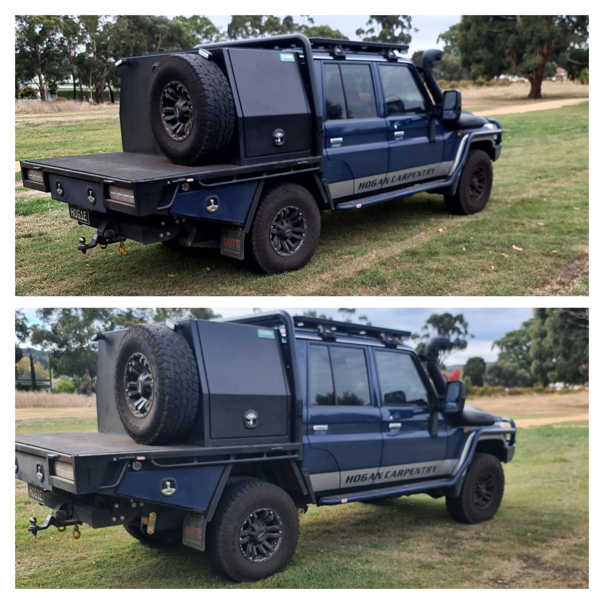 Two views of a dark blue, flatbed utility truck on grass. Spare tire mounted on rear.