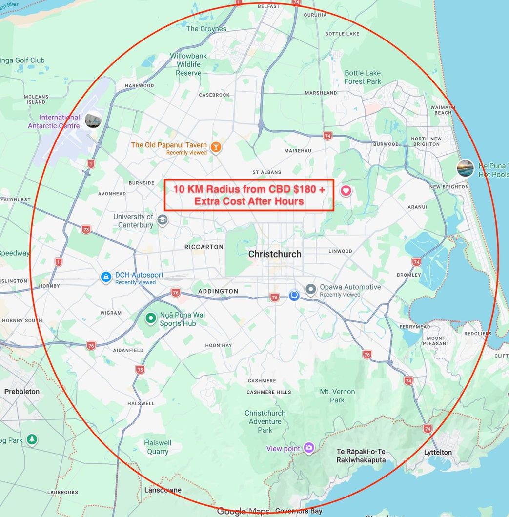 Canterbury and Christchurch map showing the area covered by towing