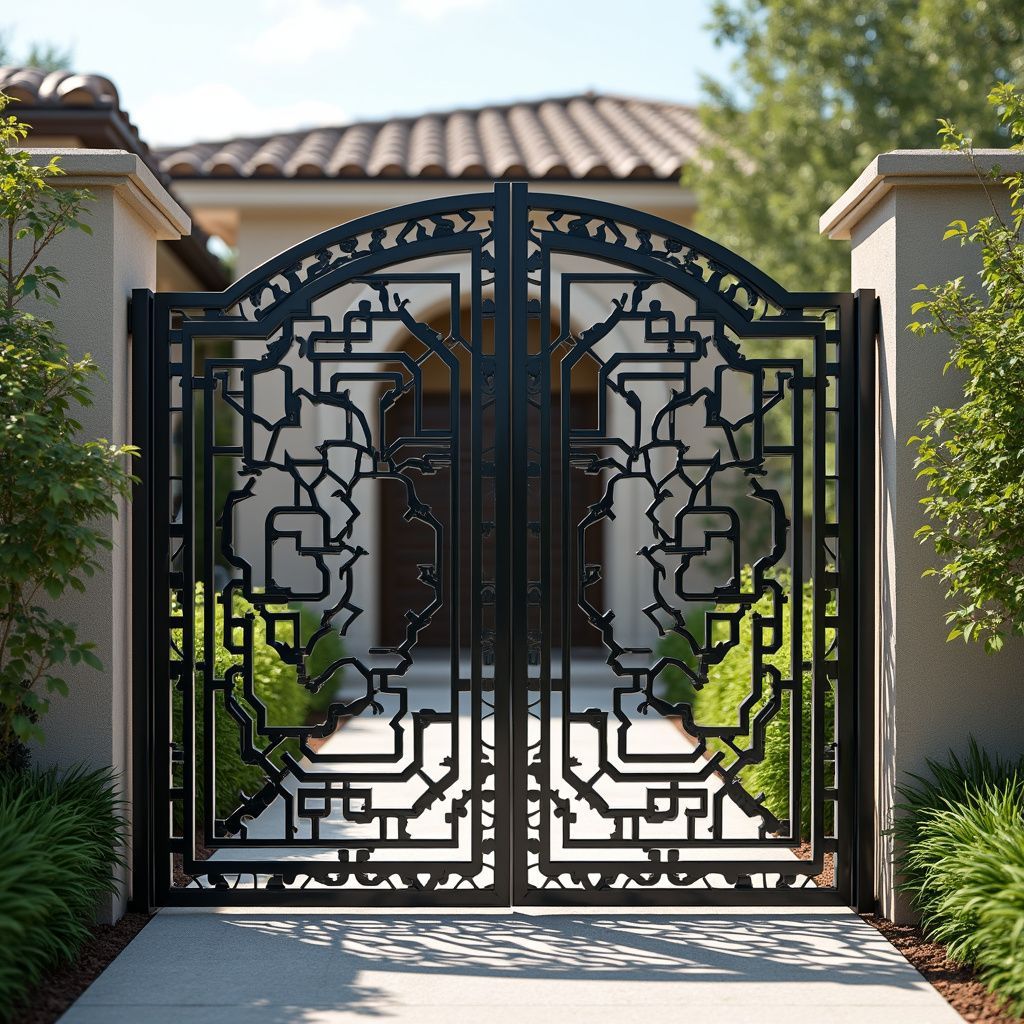 Ornate black metal double gate at a home entrance, framed by stucco walls and greenery.