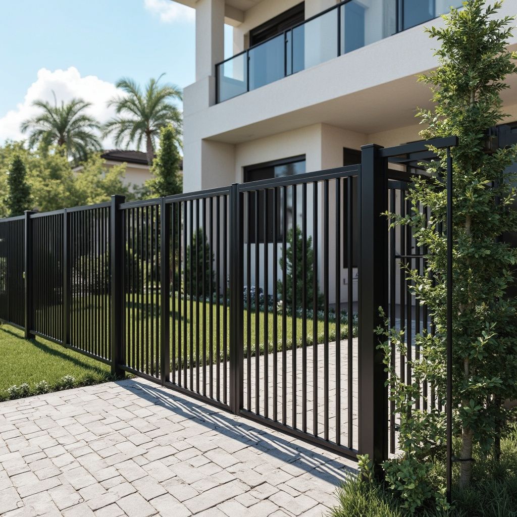 Black metal driveway gate beside a modern white house with green lawn and paved walkway