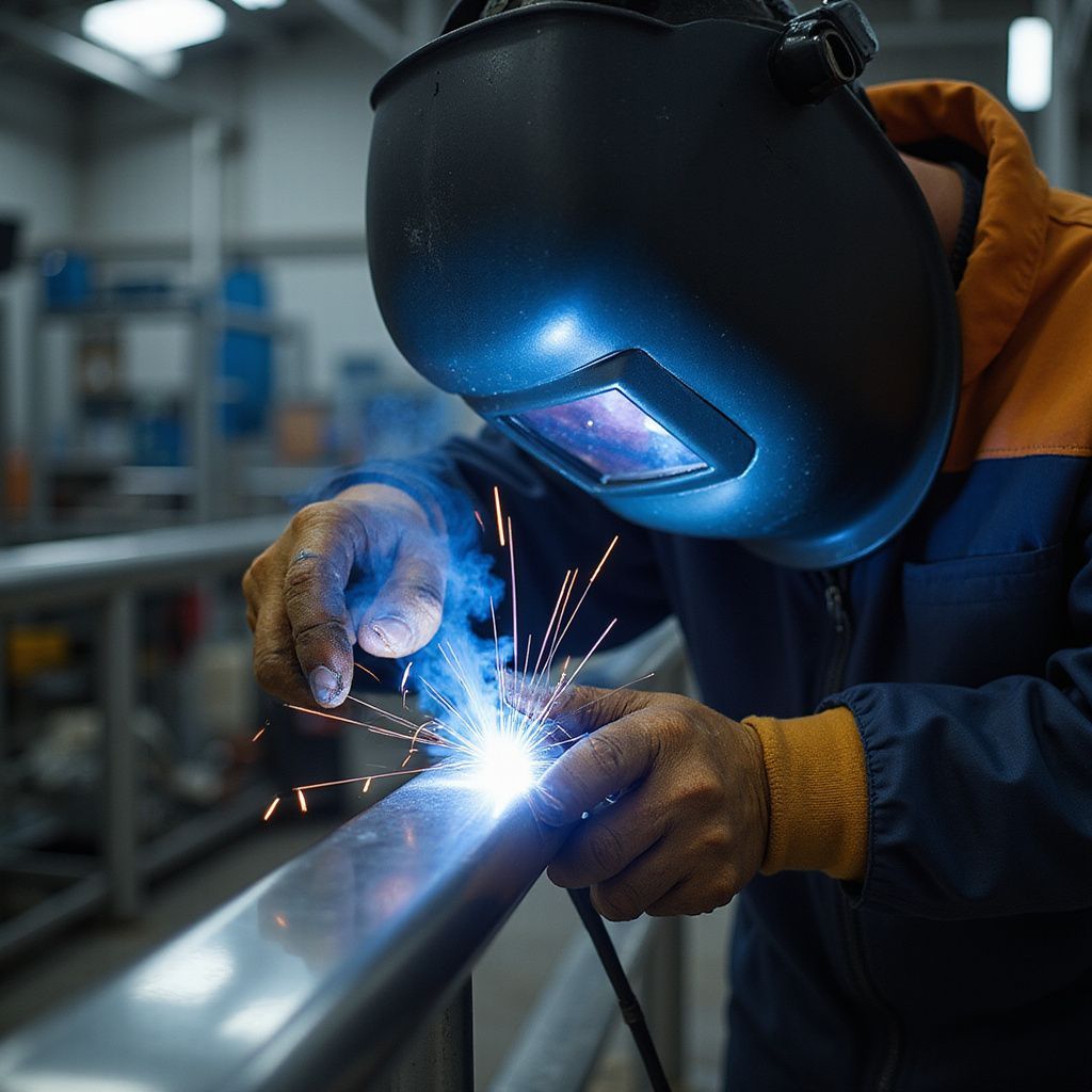 Welder in dark helmet and gloves welding a metal pipe, bright sparks in an industrial workshop