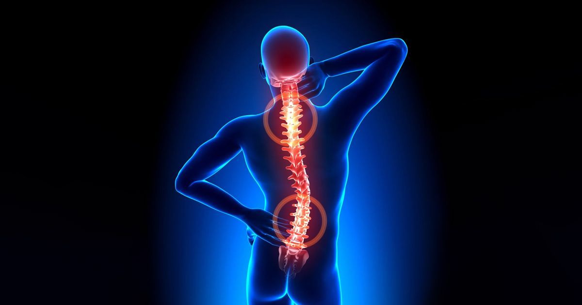 Human figure with highlighted spine and pain indicators on neck and lower back.