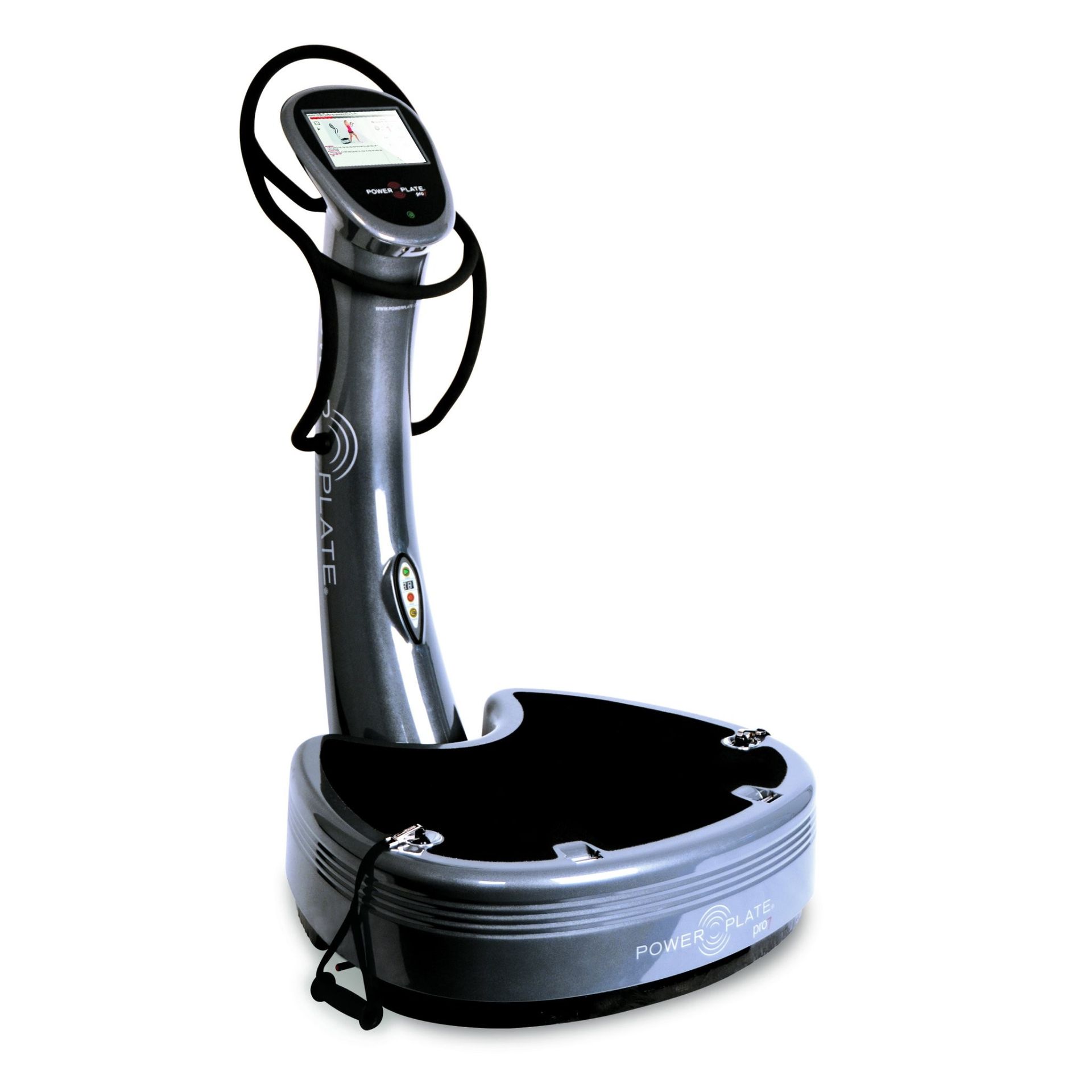 Gray and black whole-body vibration machine with attached resistance bands.