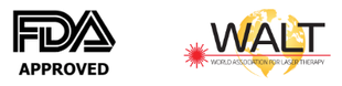 Logos for FDA (Approved) and WALT (World Association for Laser Therapy).