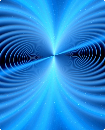 Blue abstract design radiating lines from a central point, with concentric spiral patterns.