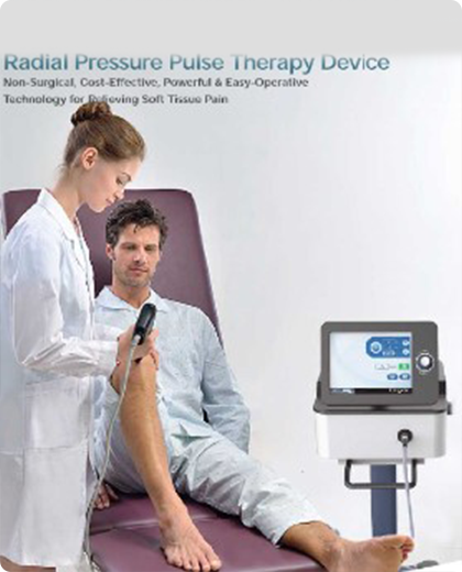 A medical professional using a radial pressure pulse therapy device on a patient's leg.