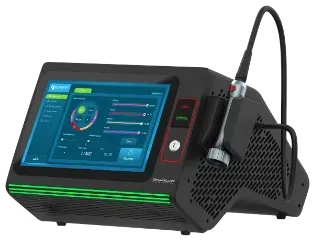 Medical device with touchscreen display, featuring a black and green color scheme. A handpiece is attached.