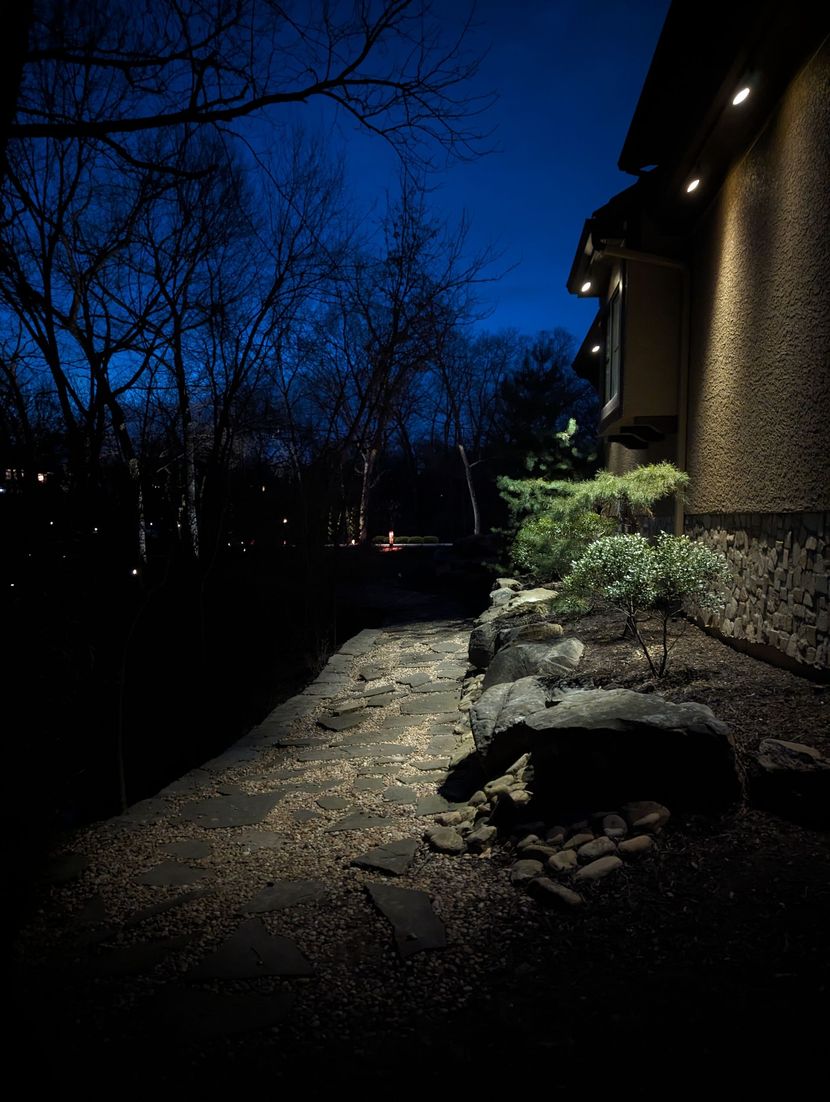 Luxury residential property with warm amber landscape uplighting at night