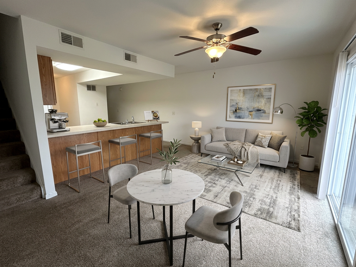 Bright living room with kitchen bar, round table, sofa, armchair, rug, and ceiling fan