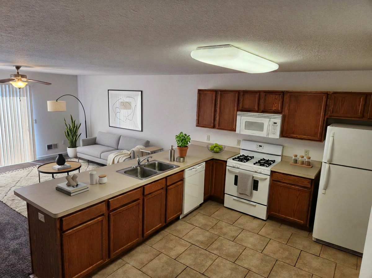 Bright kitchen with wood cabinets, white appliances, tiled floor, and a small living area in the background