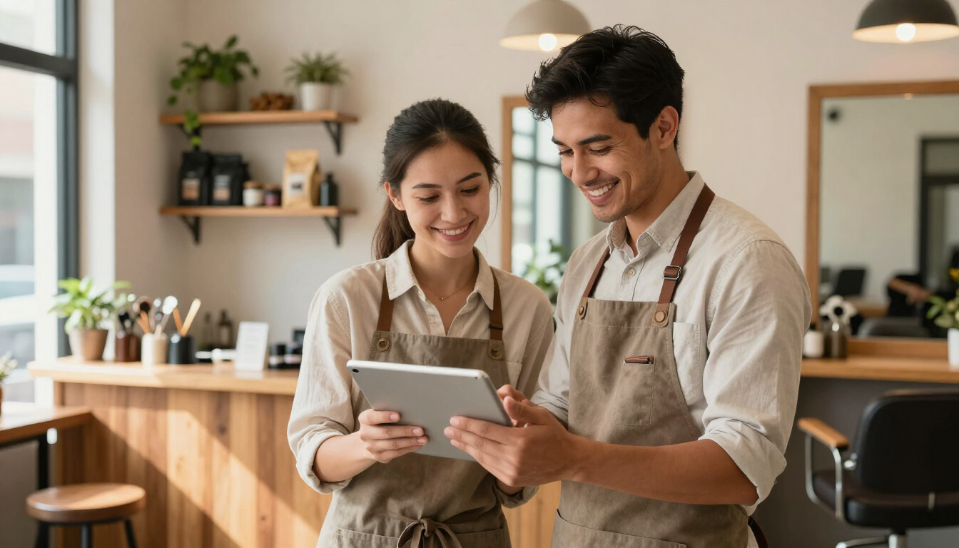 Small local business owners using AI tools together