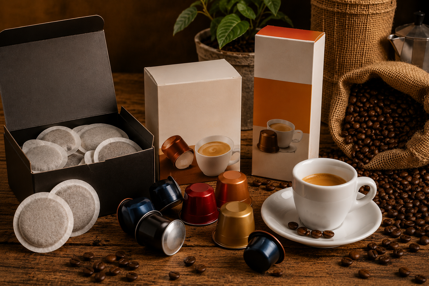 Capsule di caffè e una tazza di espresso su un tavolo rustico con scatole di marca e decorazioni in vimini.