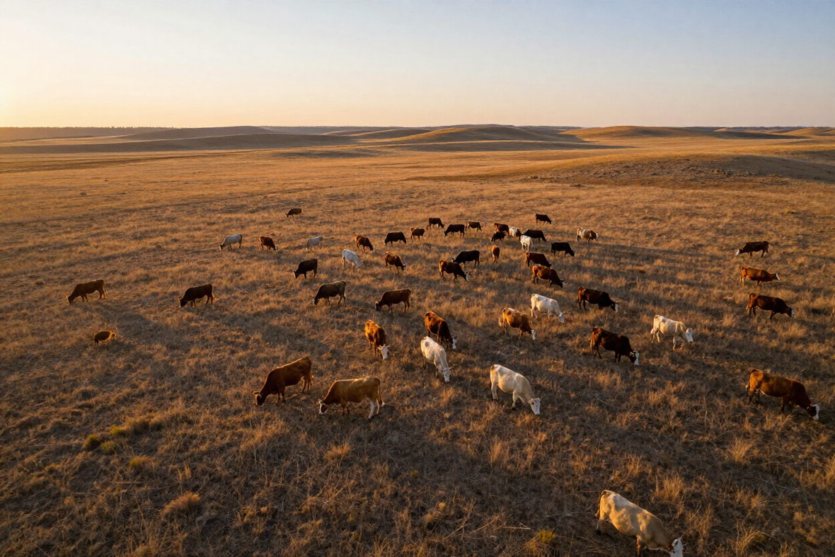Aerial drone view of a cattle herd across ranchland