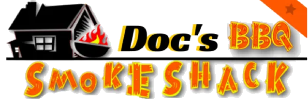 Doc’s BBQ Smoke Shack logo with black house, flames, and orange text