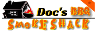 Doc&rsquo;s BBQ Smoke Shack logo with black house, flames, and orange text