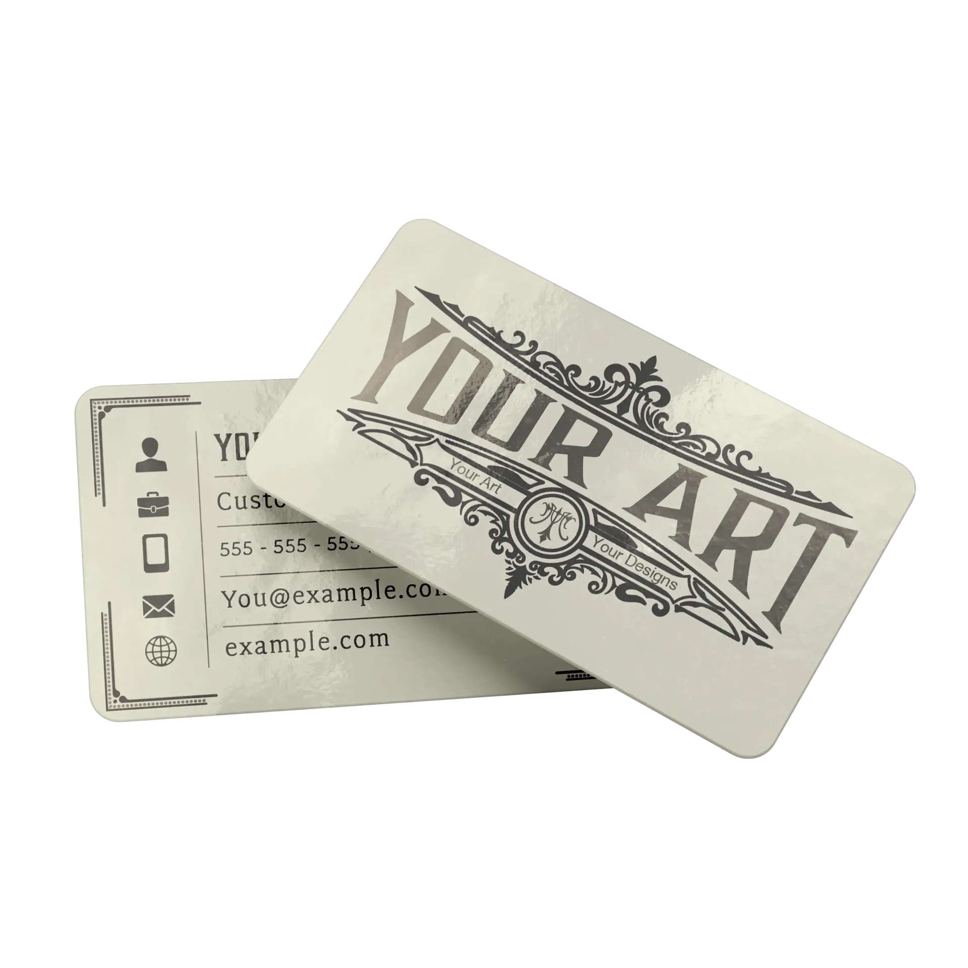 Two overlapping business cards with a vintage-style logo, contact icons, and placeholders for text on a white background.