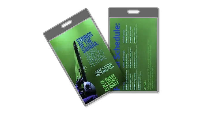 Two green festival VIP passes, one showing the event name and the other listing a schedule.
