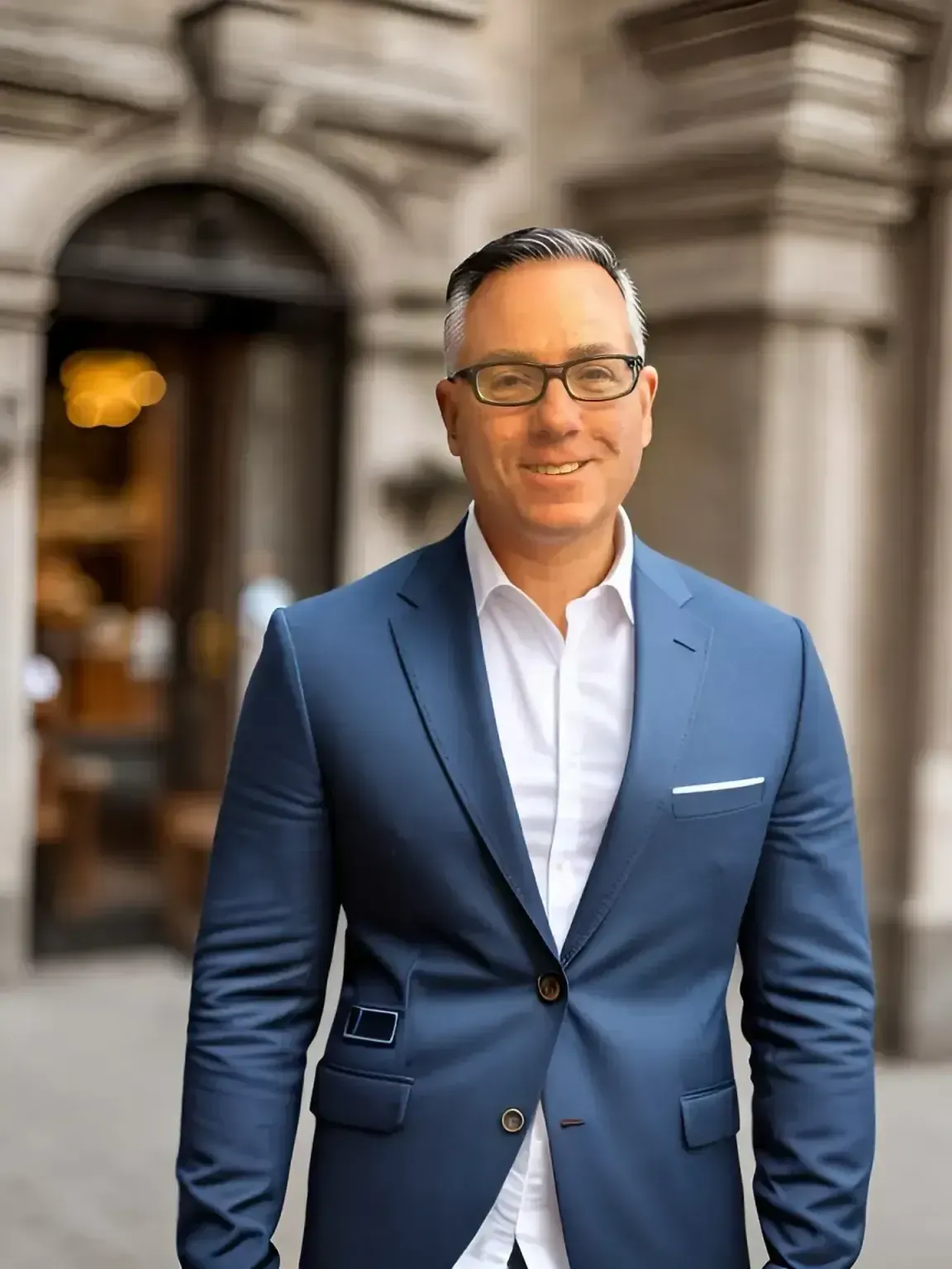 Man in blue suit, white shirt, glasses smiles in front of a building entrance.