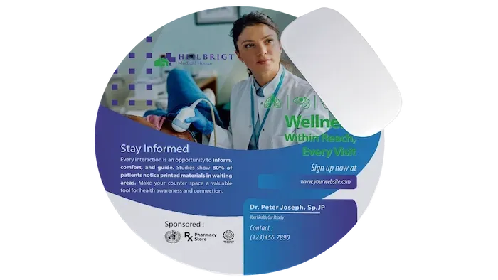 Promotional flyer for a medical wellness program featuring a healthcare professional with a patient, with contact details.