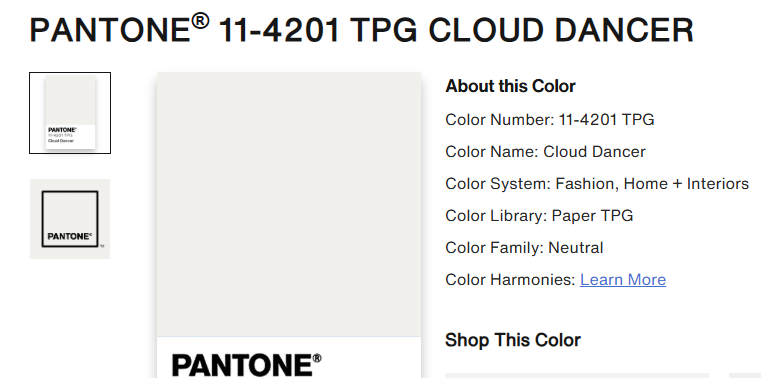 Pantone Cloud Dancer color swatch with details: number, name, system, library, family, and shop link.