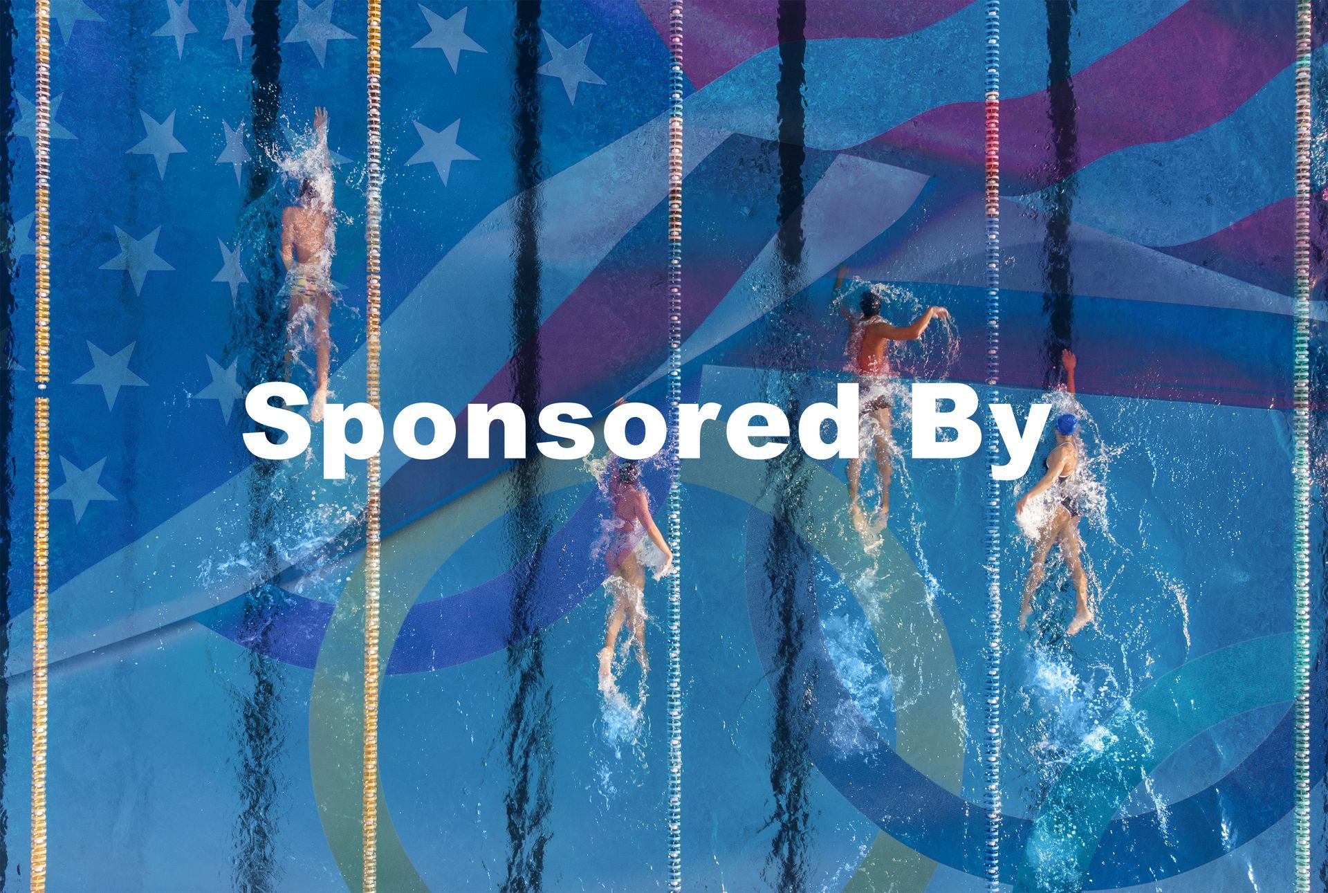 Swimmers racing in a pool, overlaid with an American flag and 