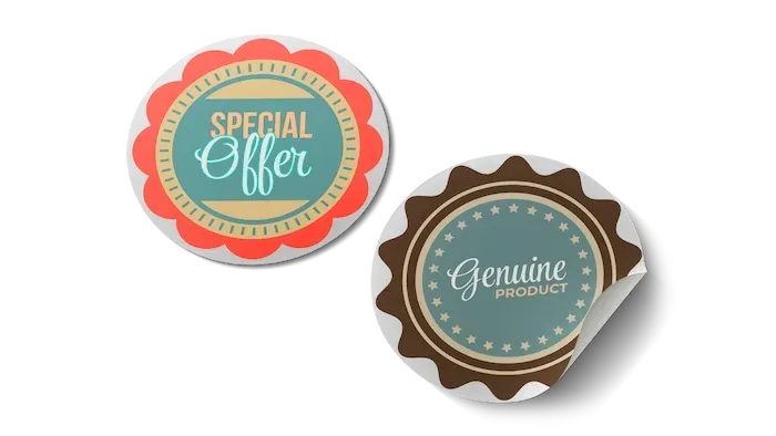 Two circular badge stickers: one red with 