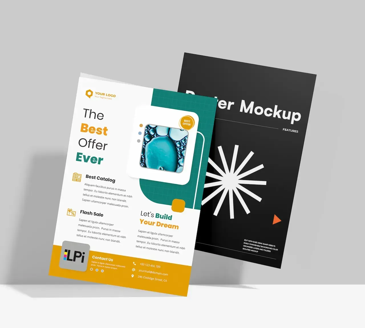 A mockup of two flyers, one white with teal and yellow accents, the other black with a white starburst graphic.