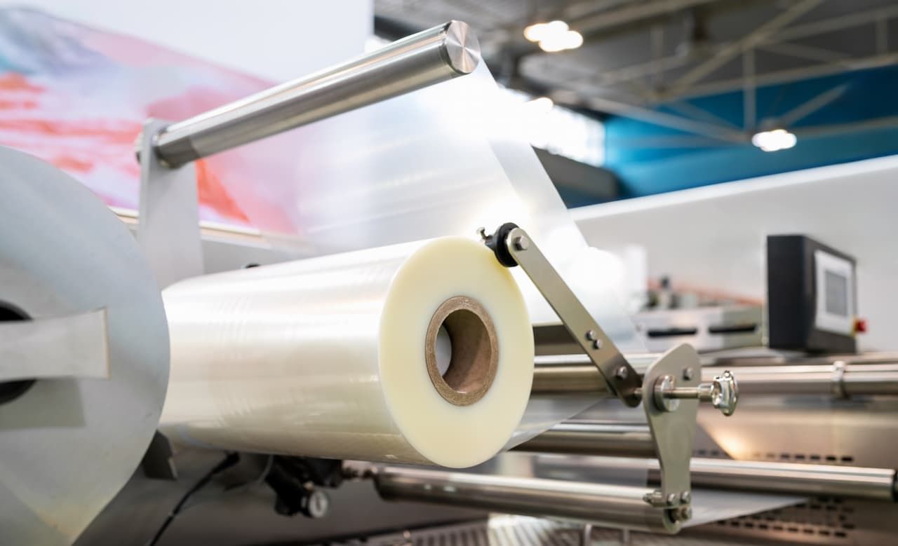 Roll of clear plastic packaging film in industrial machine.