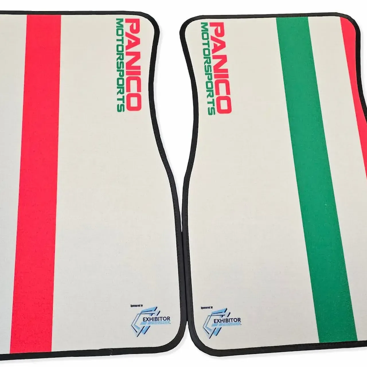 Two car floor mats with green, white, and red stripes;