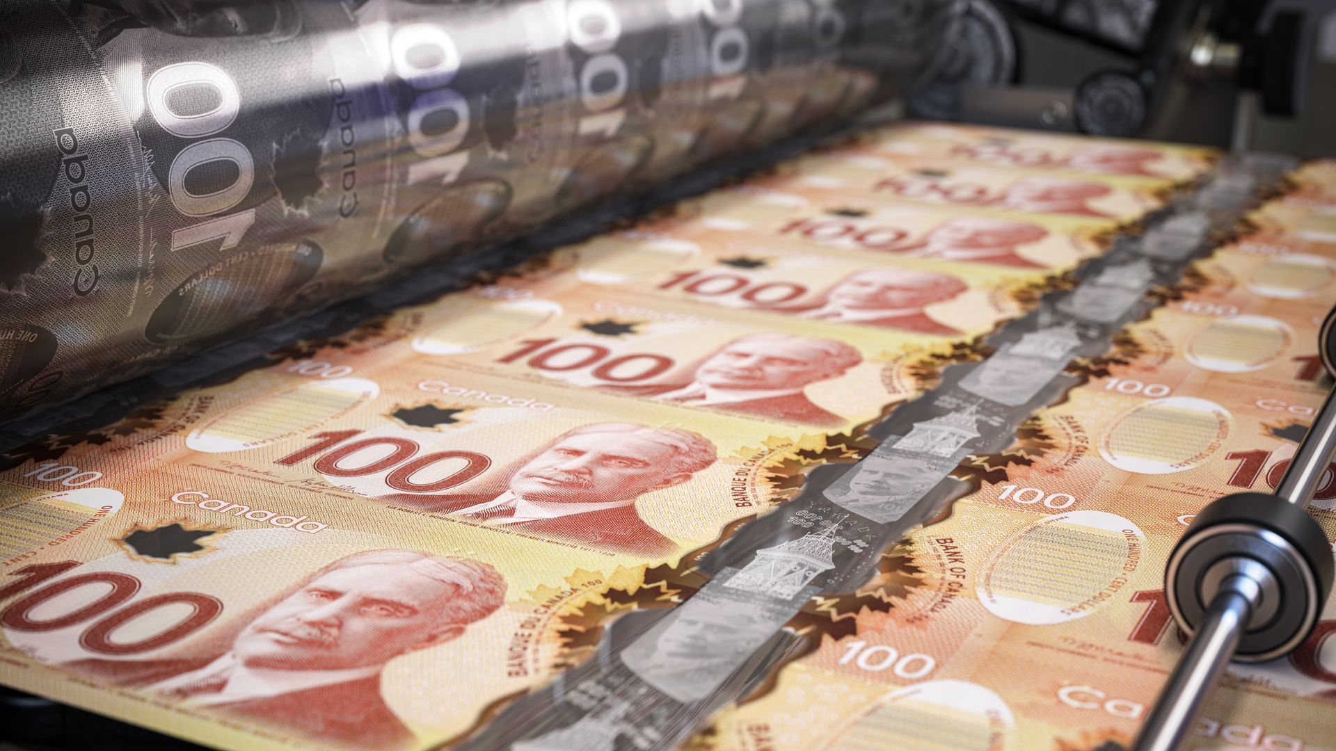 Printing press in operation, producing Canadian $100 bills.