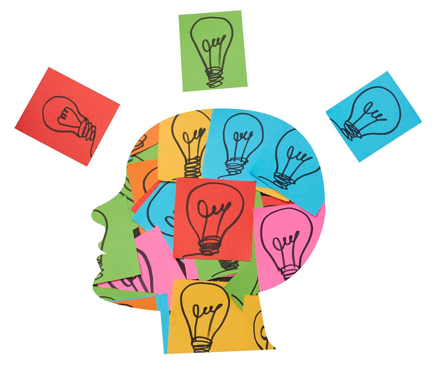 Silhouette head filled with colorful sticky notes, each with a lightbulb drawn on it.