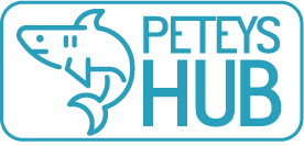 Logo for Petey's Hub: a blue shark icon next to text that reads
