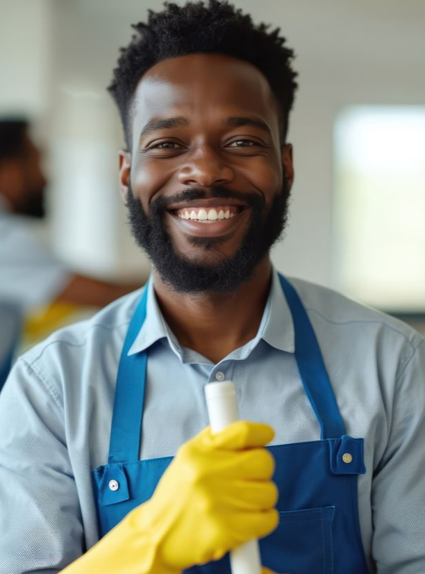 A smiling person in a blue apron and yellow rubber gloves holding a cleaning tool in a bright, indoor setting.